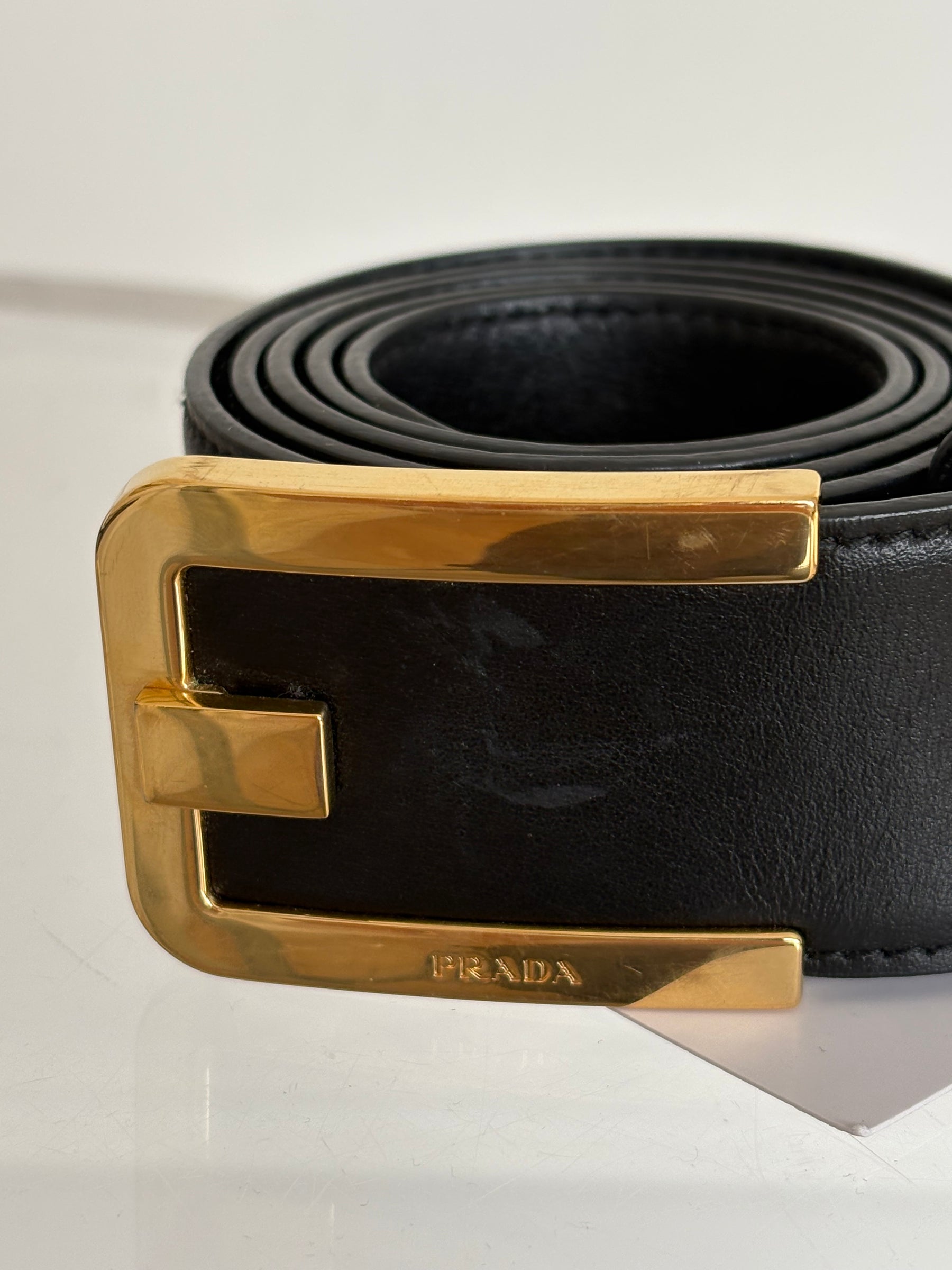 Prada Black Leather Belt With Gold Hardware, 34/85