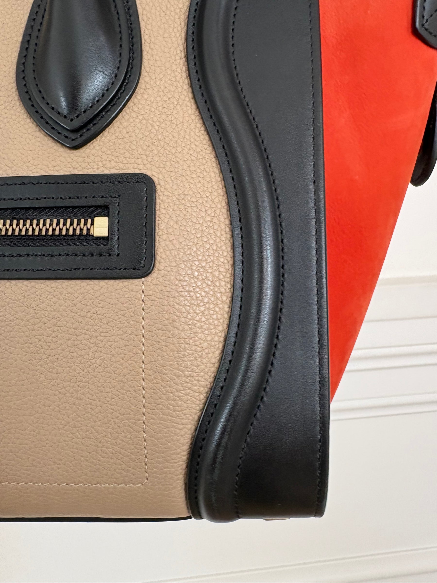 Celine Beige, Black and Red Leather and Suede Luggage Bag