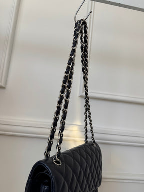 Chanel Navy Lambskin Leather Jumbo Double Flap with Silver Hardware