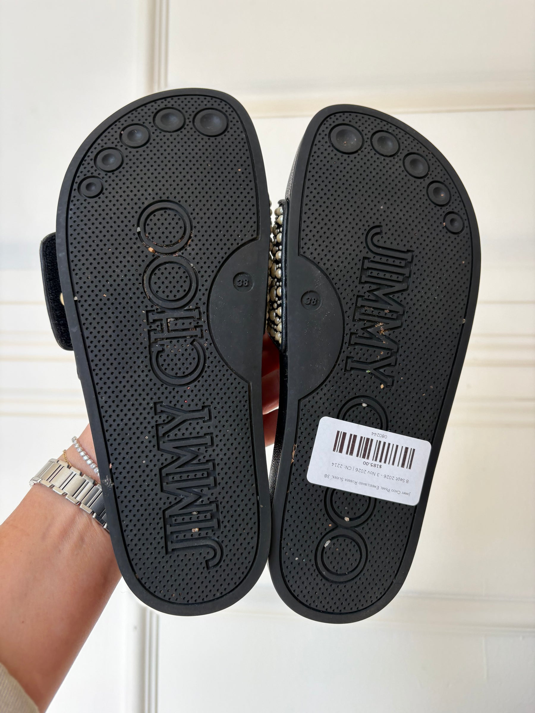 Jimmy Choo Pearl Embellished Rubber Slides, 38