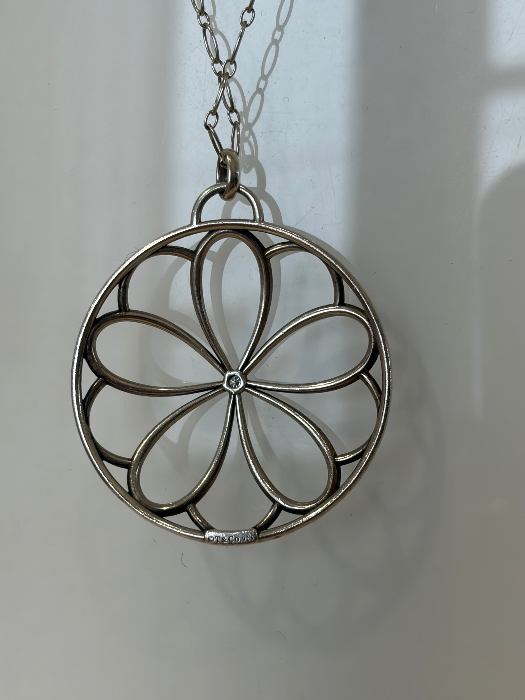 Tiffany & Co. Sterling Silver Flower Medallion Pendant on Long Chain