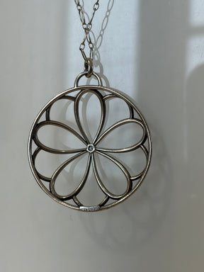Tiffany & Co. Sterling Silver Flower Medallion Pendant on Long Chain