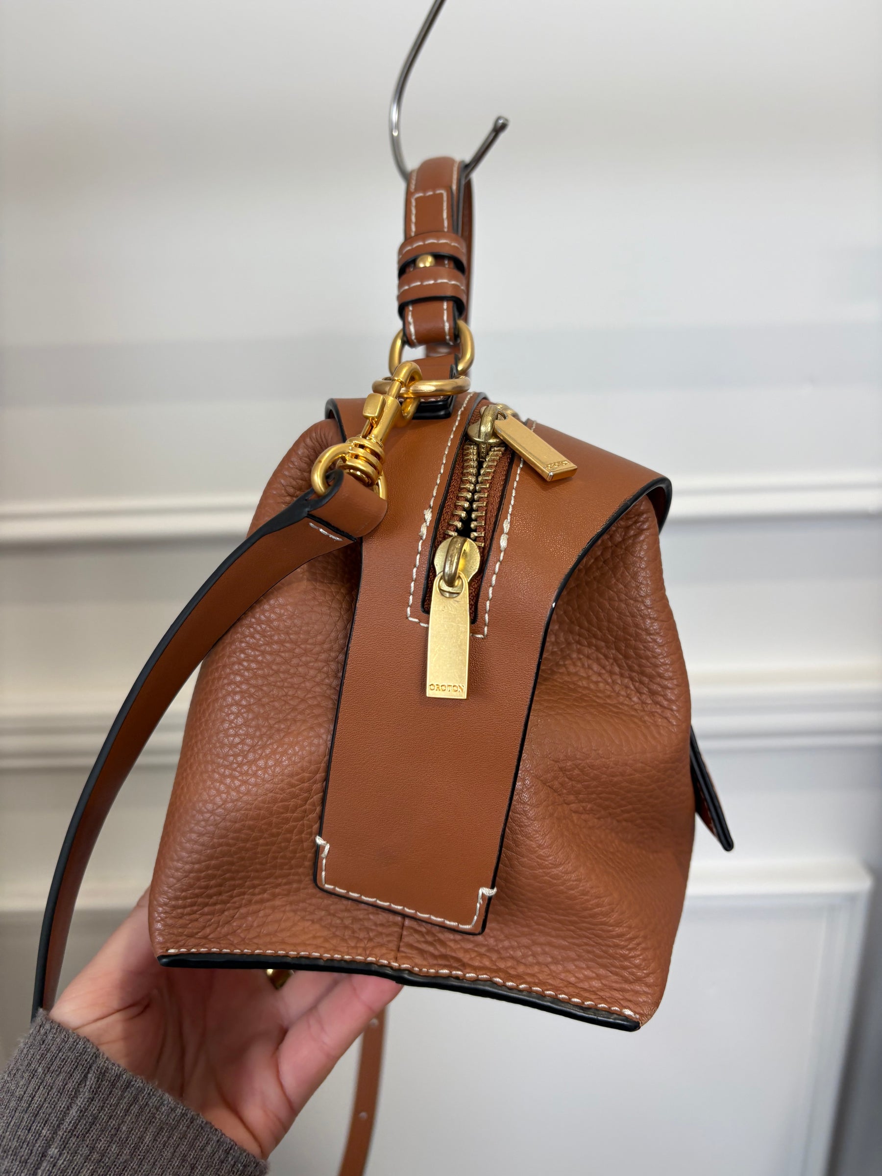 Oroton Tan Leather Top Handle Crossbody Bag