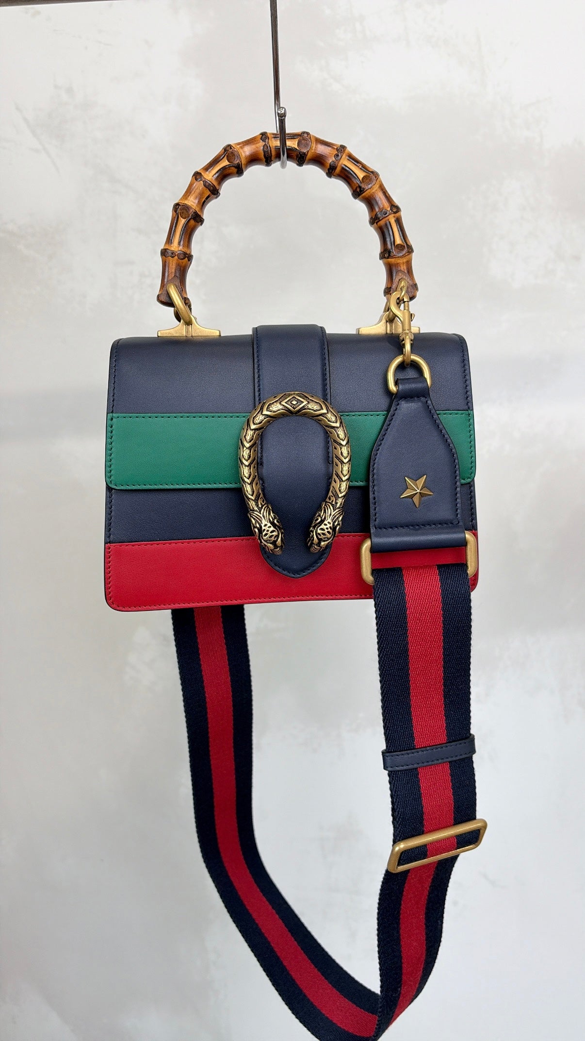 Gucci Navy Green and Red Leather Bamboo Top Handle Dionysus Bag