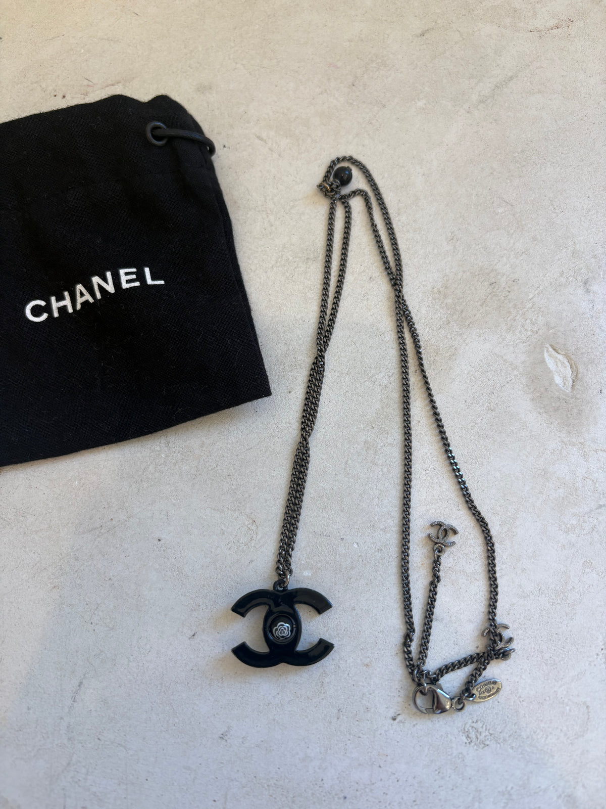 Chanel Black Metal CC Camellia Flower Necklace