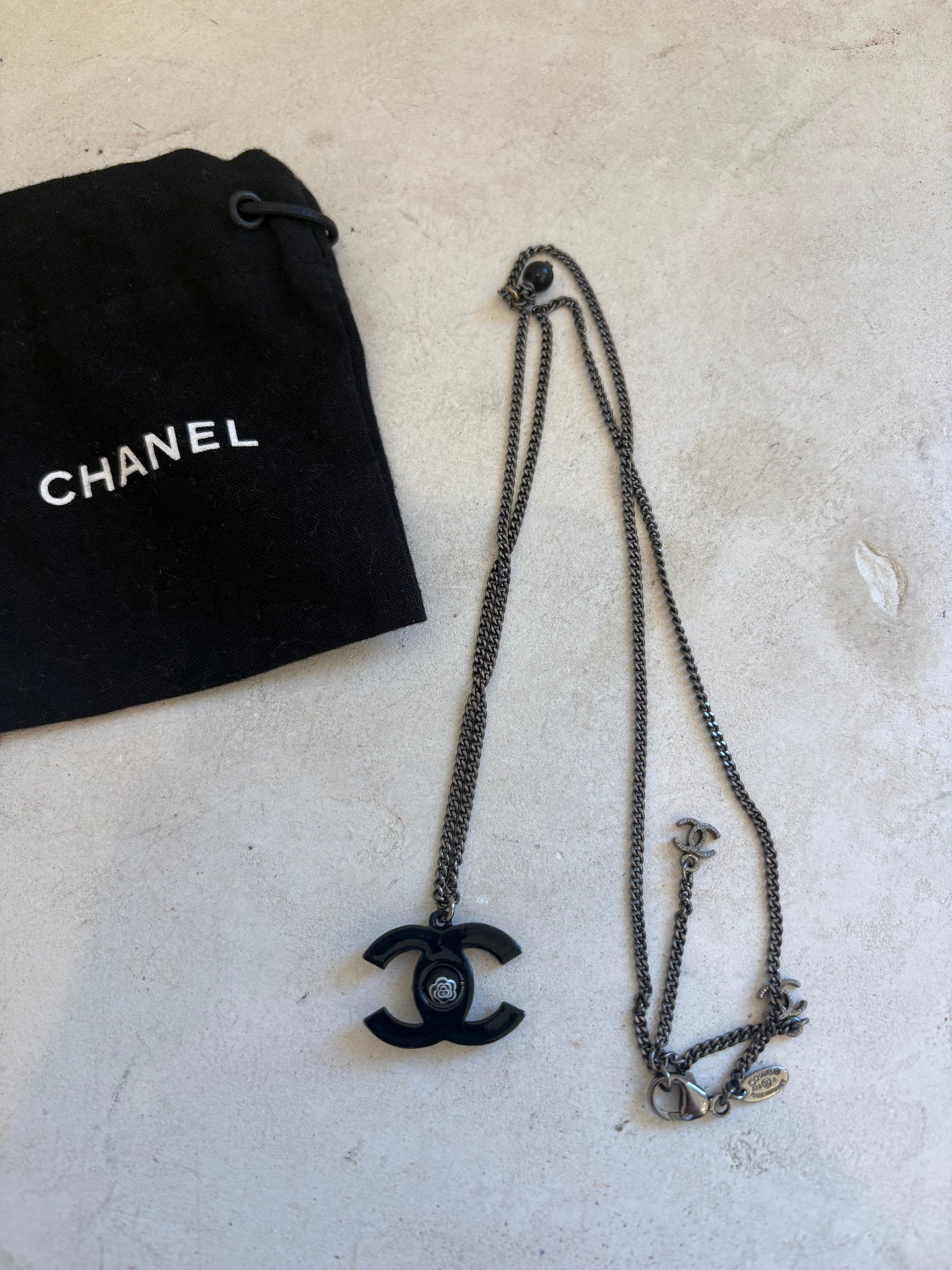 Chanel Black Metal CC Camellia Flower Necklace