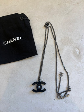 Chanel Black Metal CC Camellia Flower Necklace