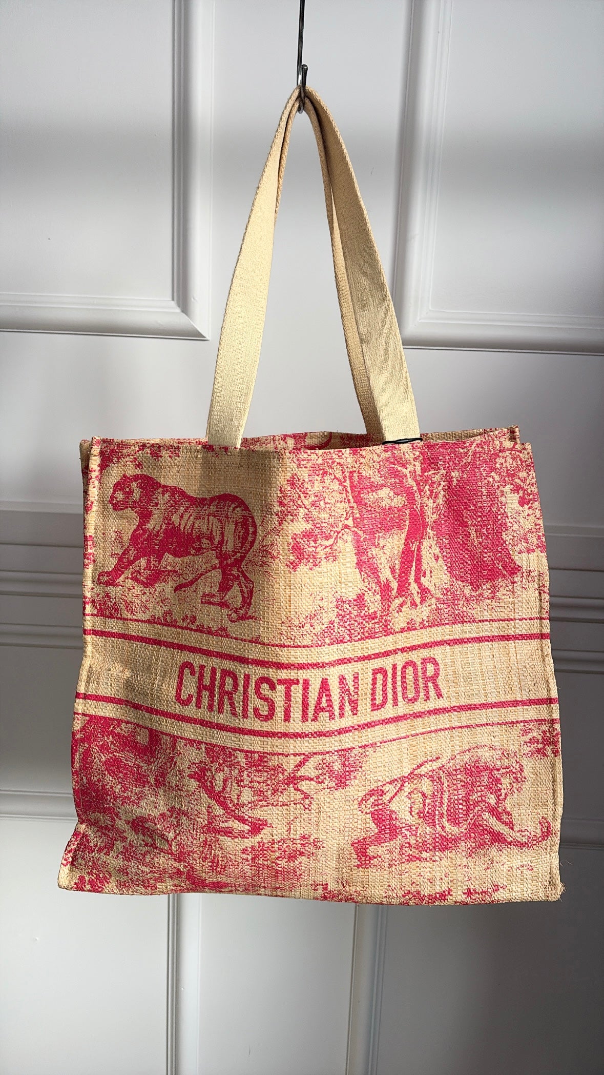 Dior Red Toile De Juoy Raffia Tote and Beach Towel SET