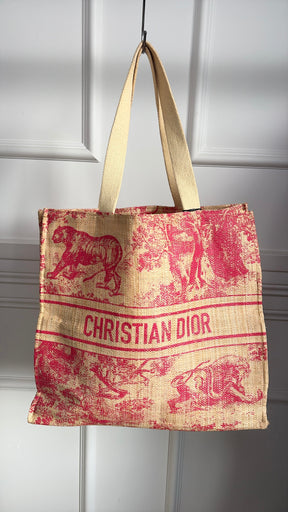 Dior Red Toile De Juoy Raffia Tote and Beach Towel SET