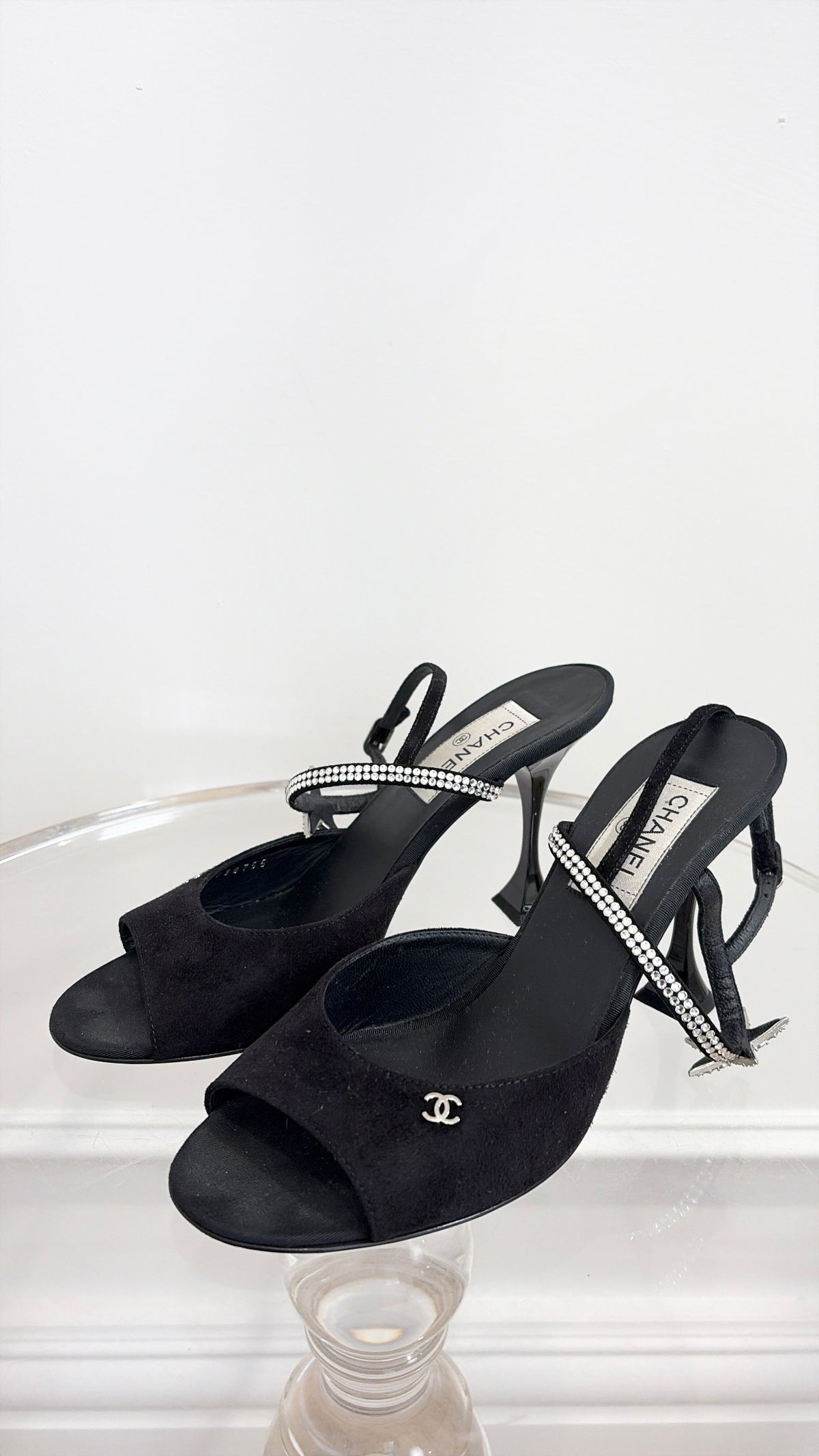 Chanel Black Suede Peep Toe Crystal Star Pumps, 39.5C