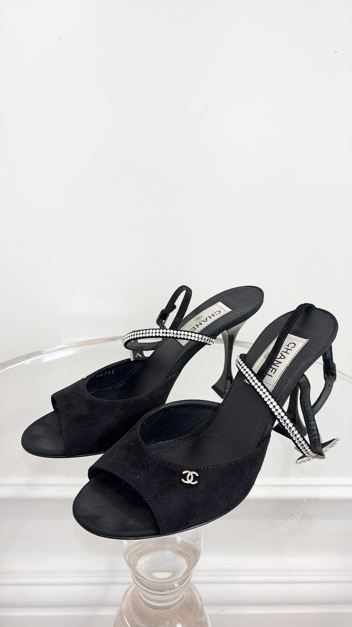 Chanel Black Suede Peep Toe Crystal Star Pumps, 39.5C