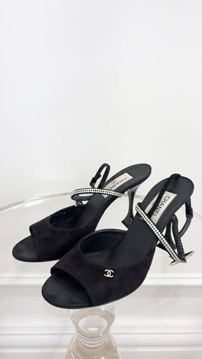 Chanel Black Suede Peep Toe Crystal Star Pumps, 39.5C