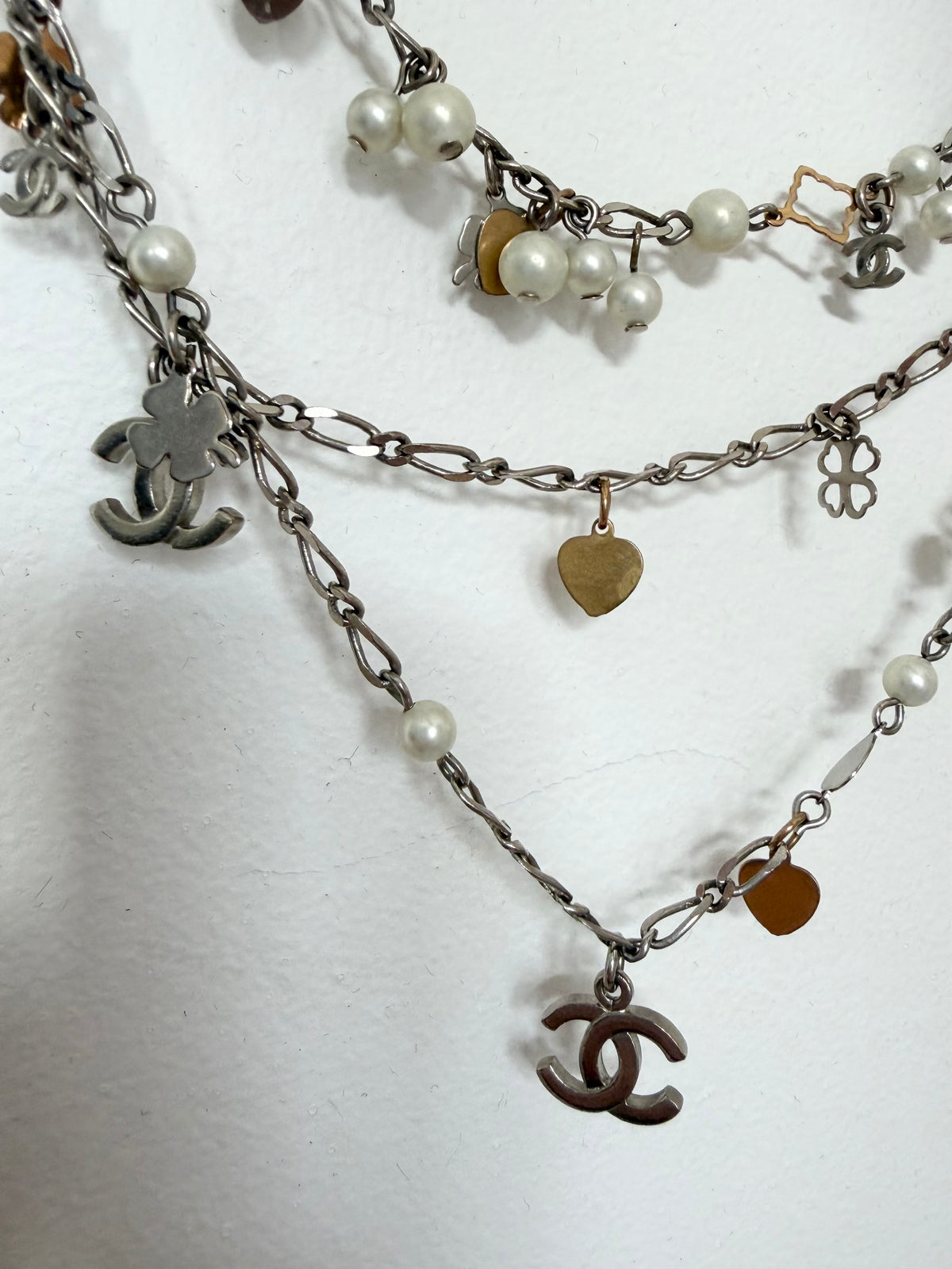 Chanel Silver and Gold Tone Three Strand Chain Pearl and Clover Necklace
