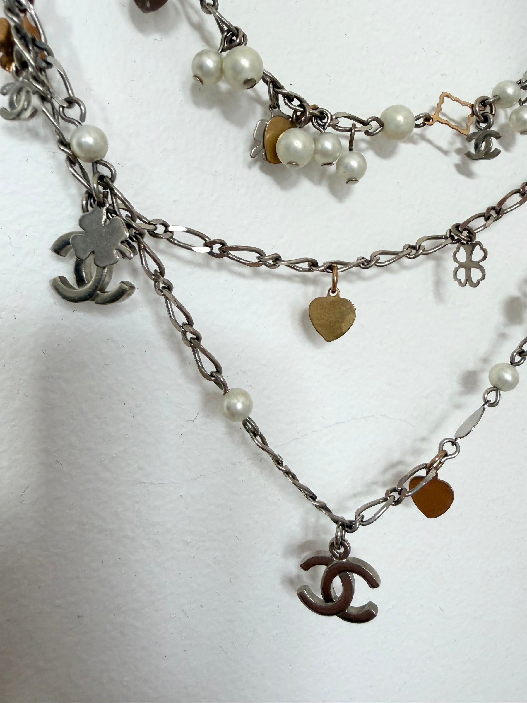 Chanel Silver and Gold Tone Three Strand Chain Pearl and Clover Necklace