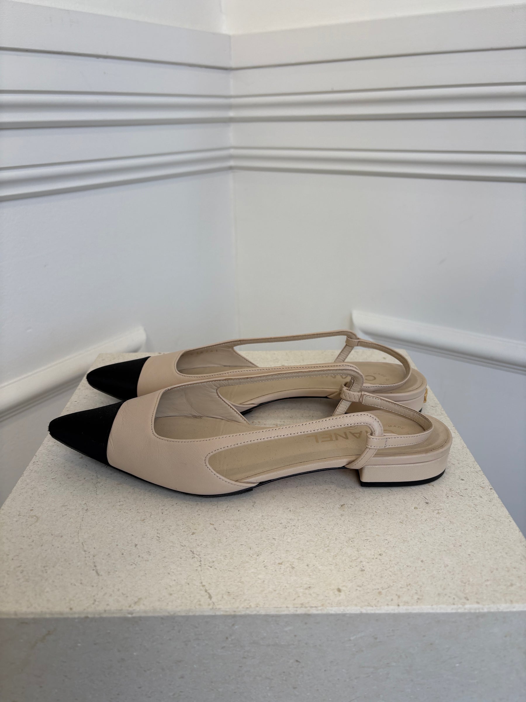 Chanel Light Beige and Black Pointed Slingback Flats, 37.5