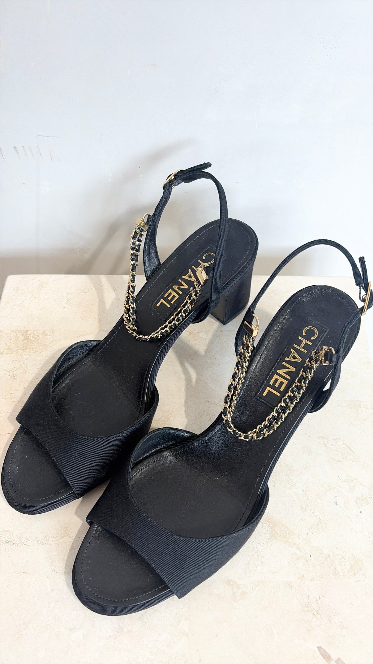 Chanel Black Grosgrain Peep-toe Chain Slingback Heels, 39C