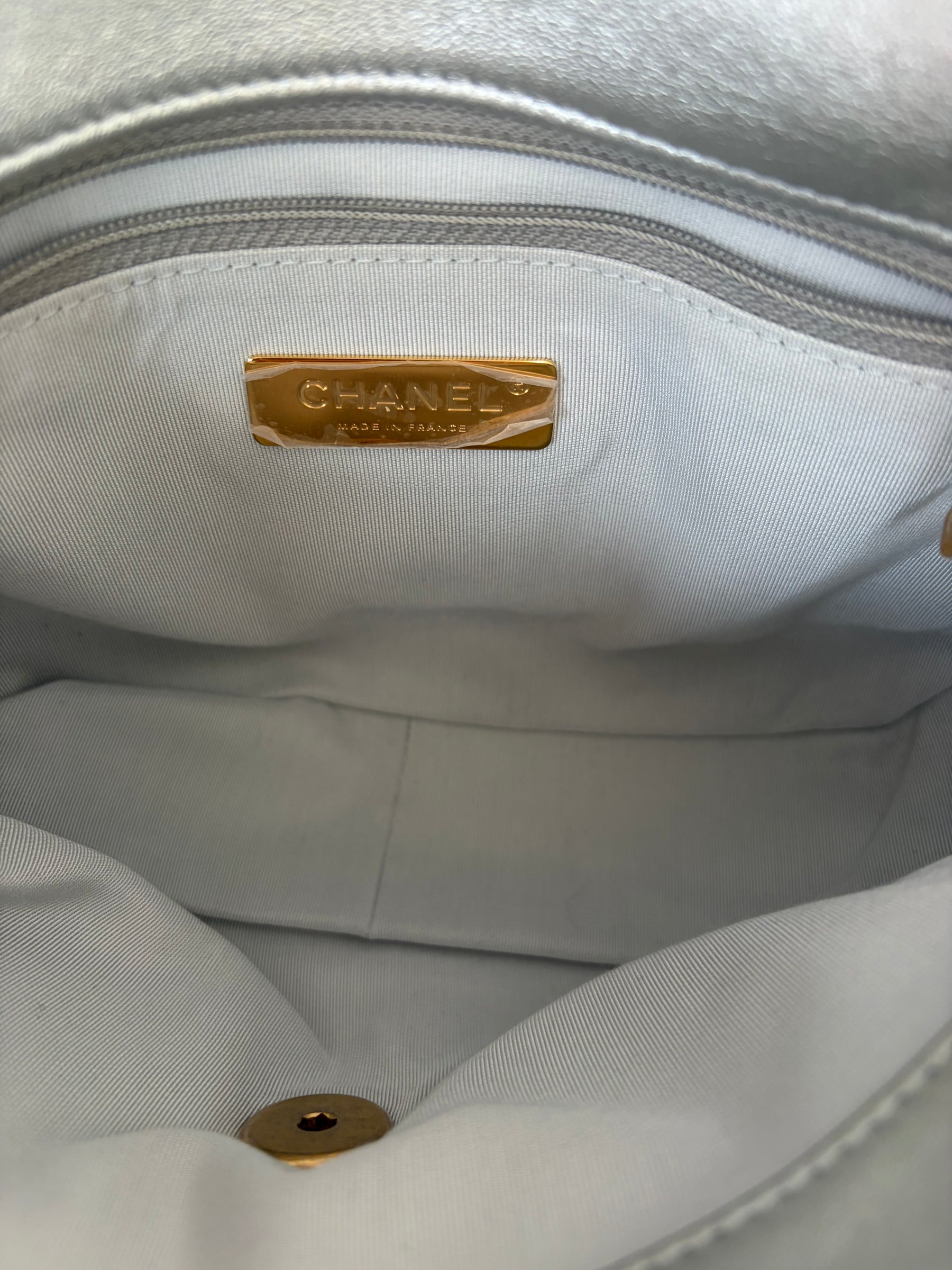 Chanel 19 Silver Lambskin Bag