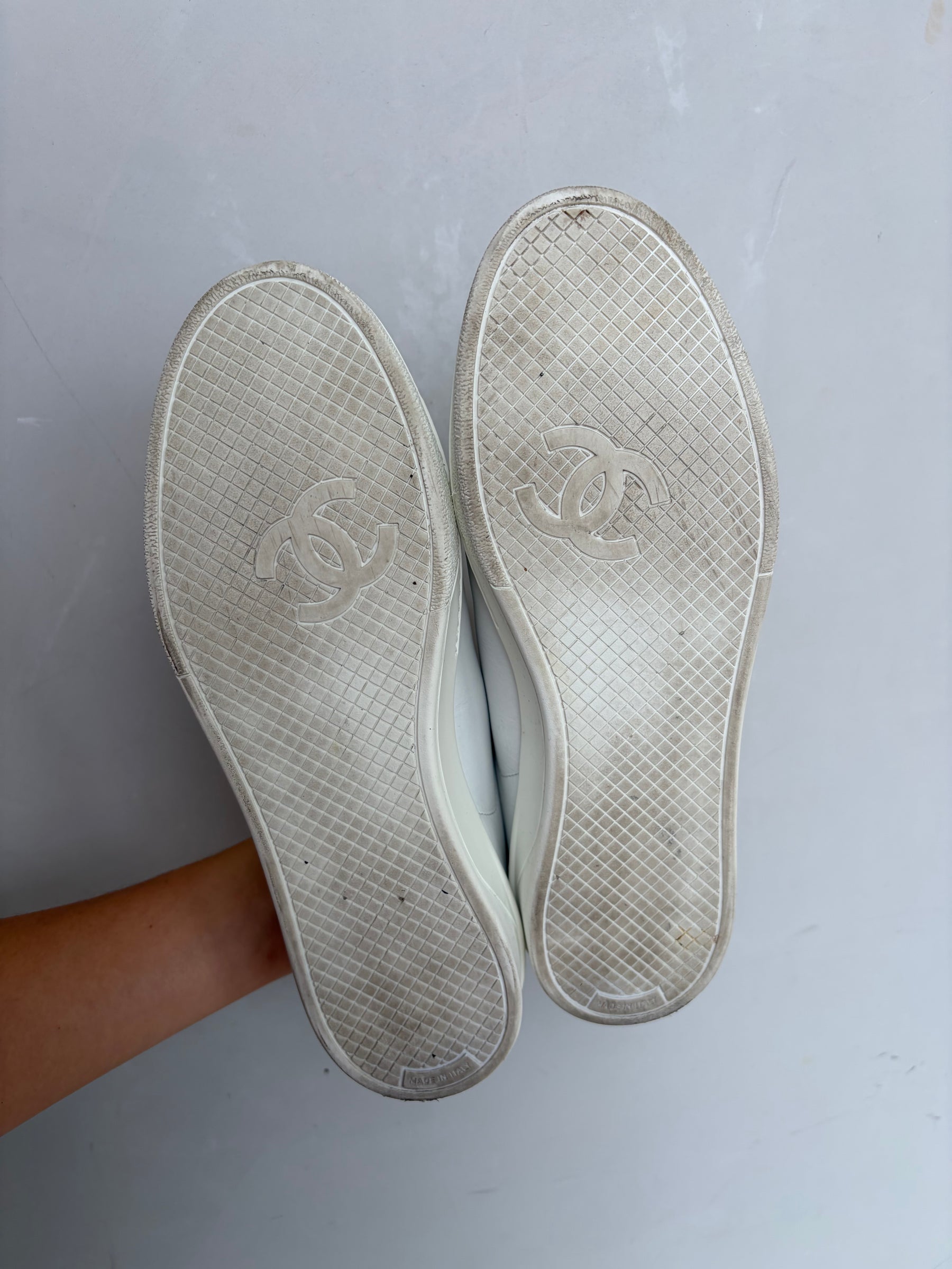 Chanel Uniform White Leather Logo Sneakers, 38.5