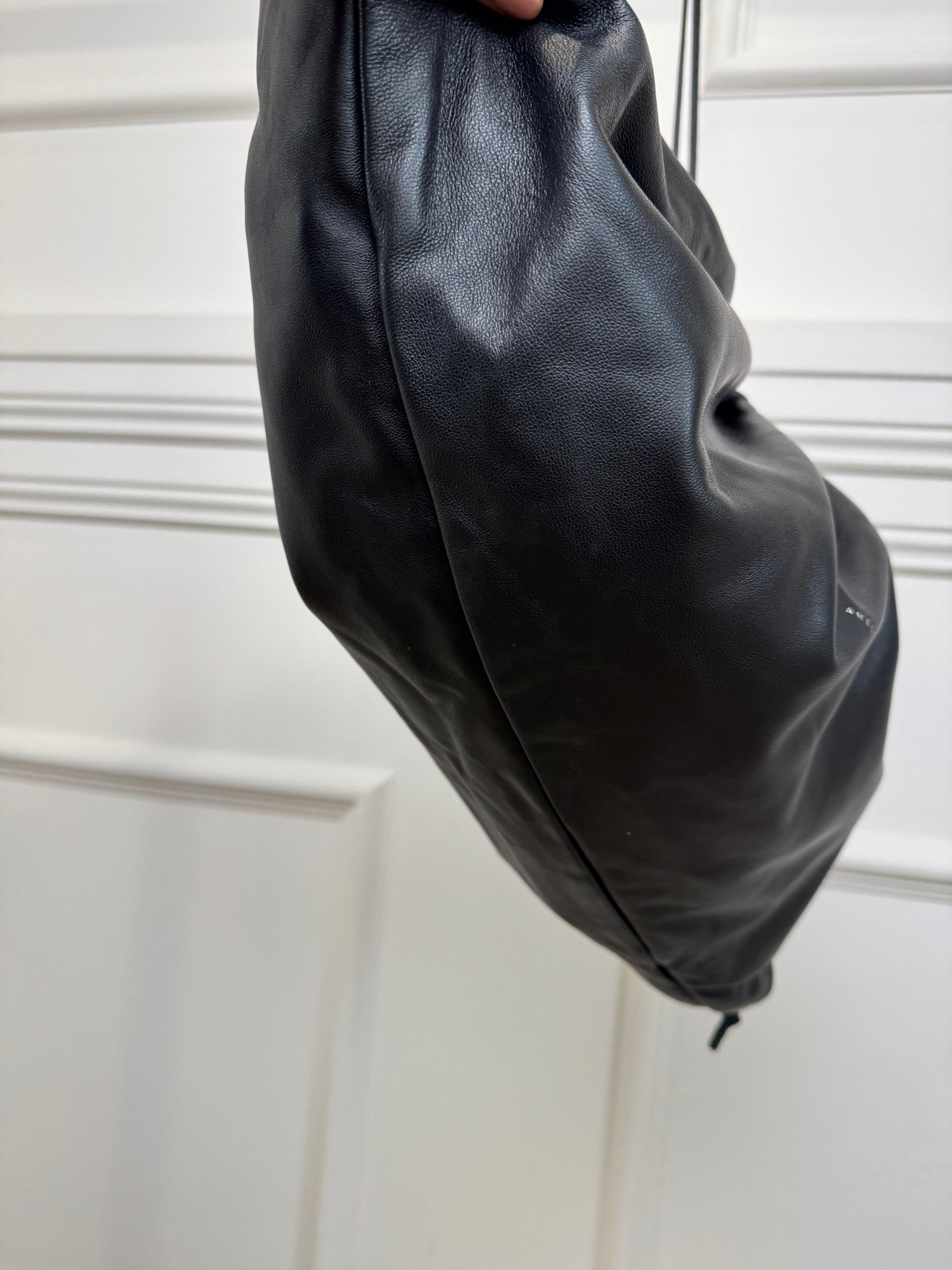Studio Amelia Black Leather Logo Drawstring Pouch with Strap