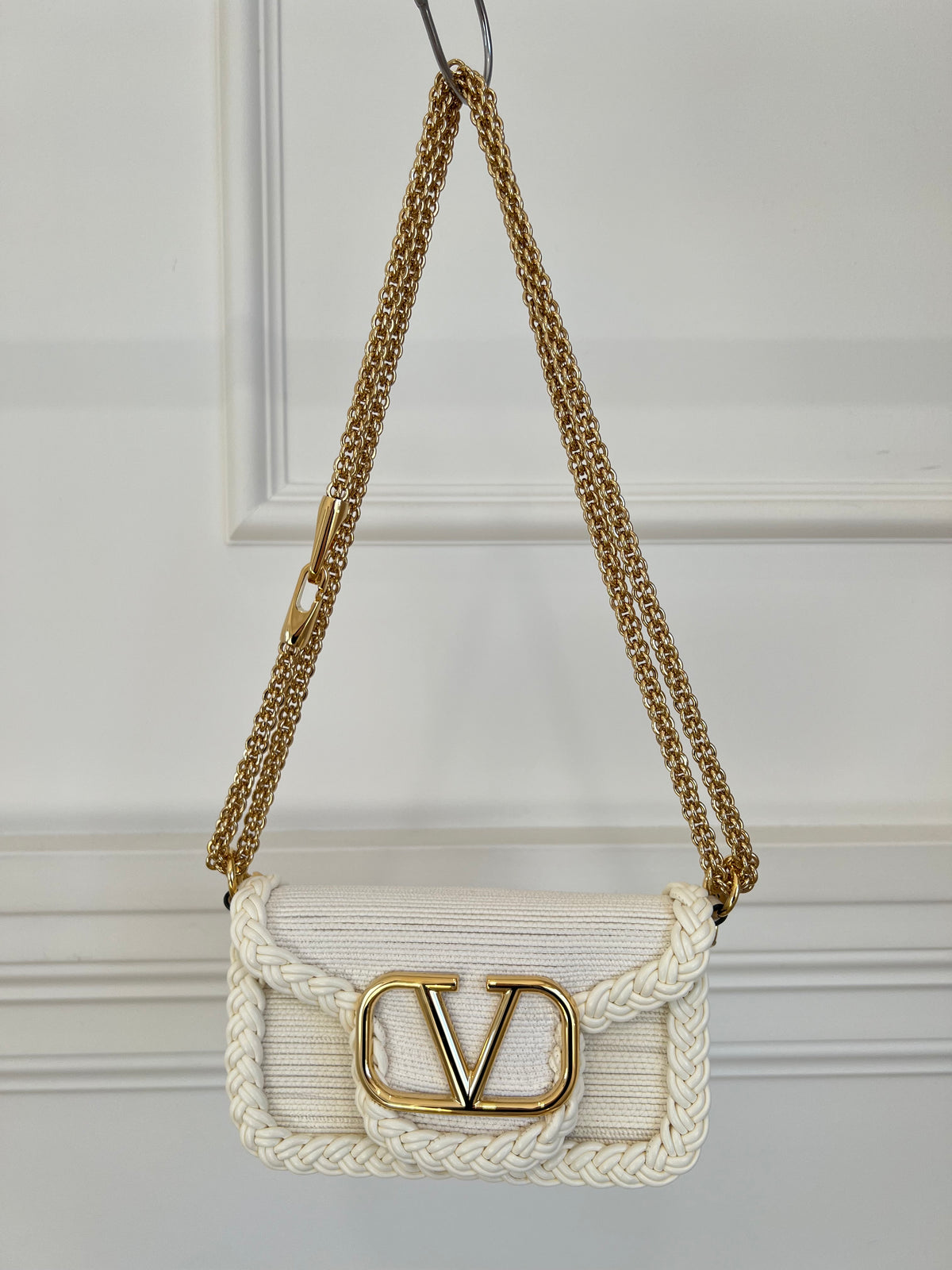 Valentino Garavani Cream Canvas Braided Leather Trim V Logo Bag