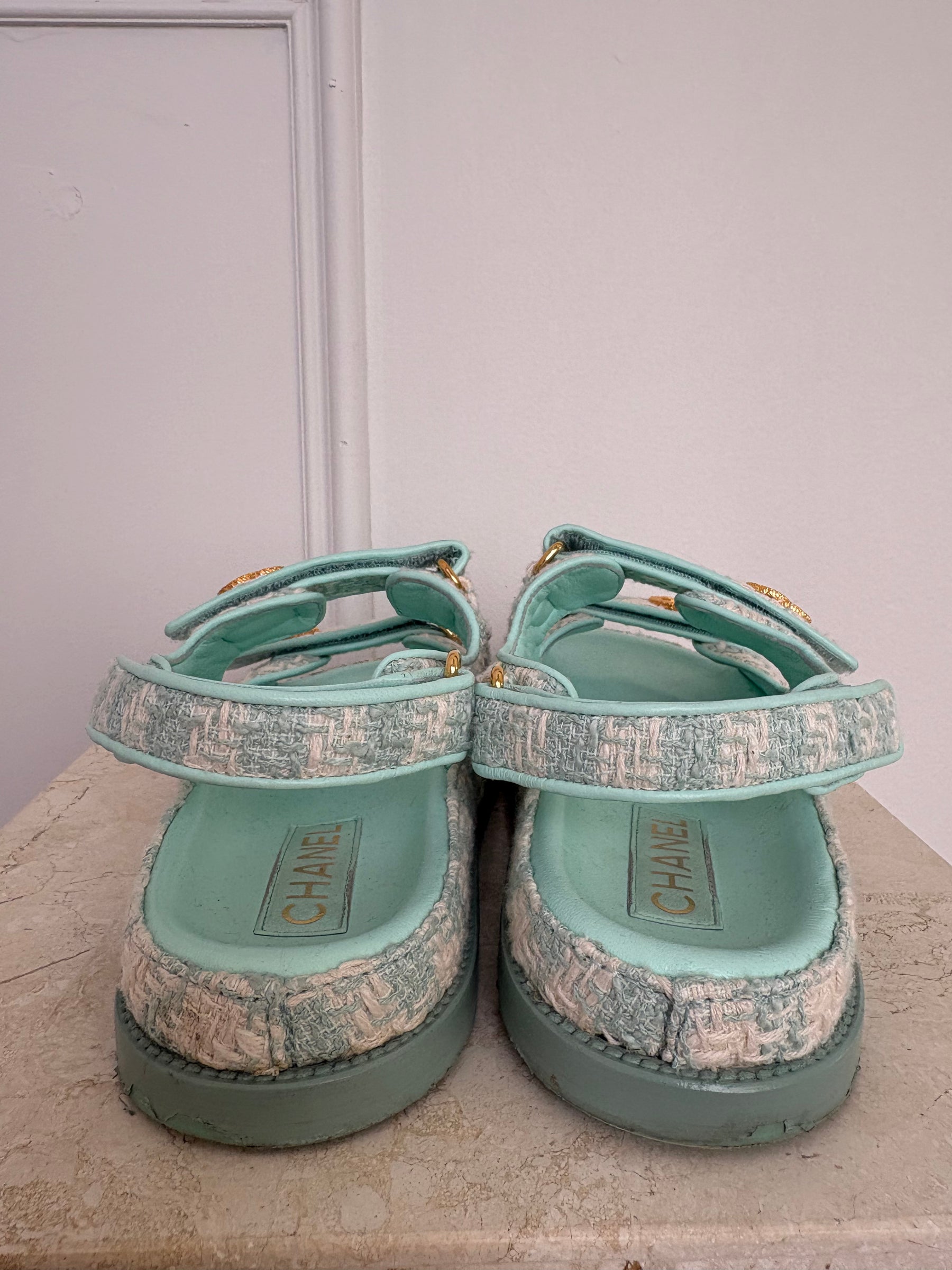 Chanel Mint and White Tweed Dad Sandals, 39.5C