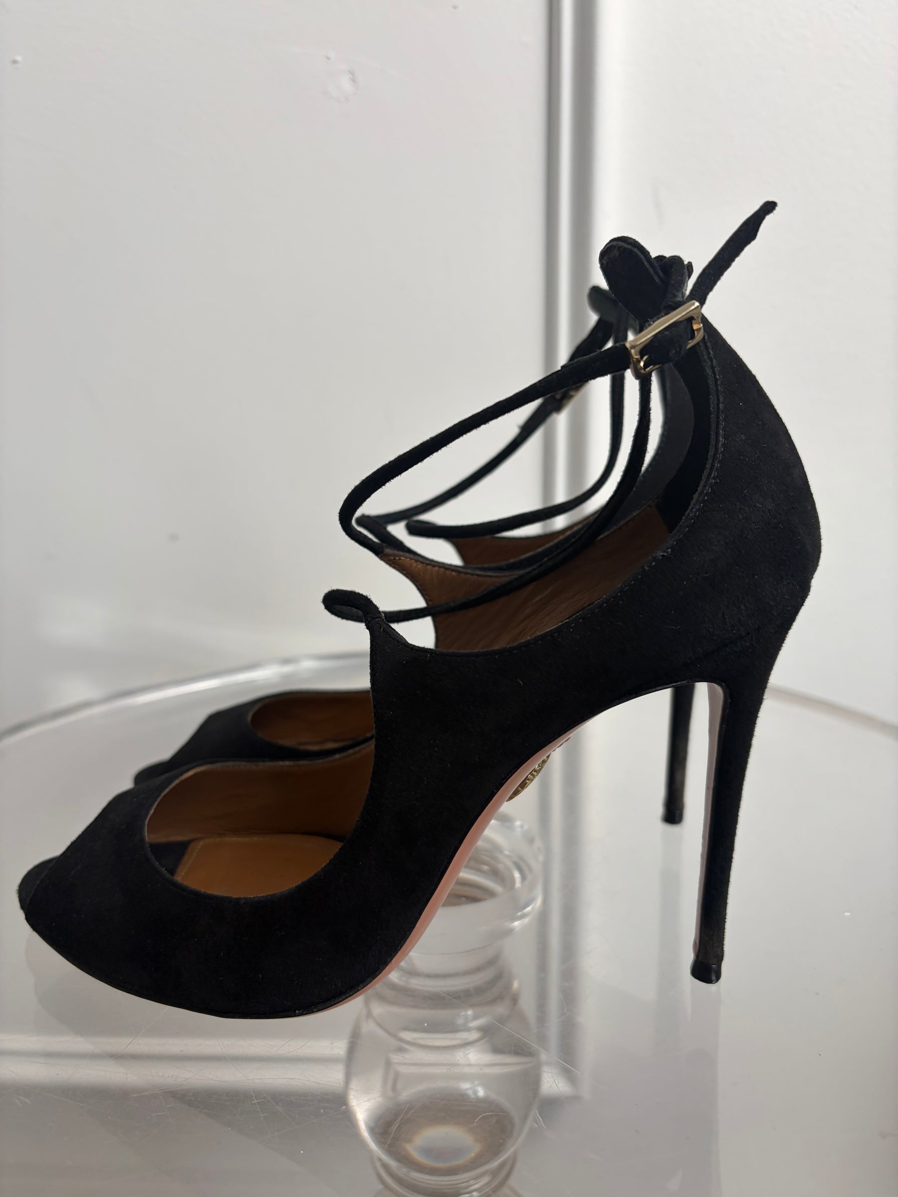 Aquazzura Black Suede Peep Toe Ankle Strap heels, 38.5