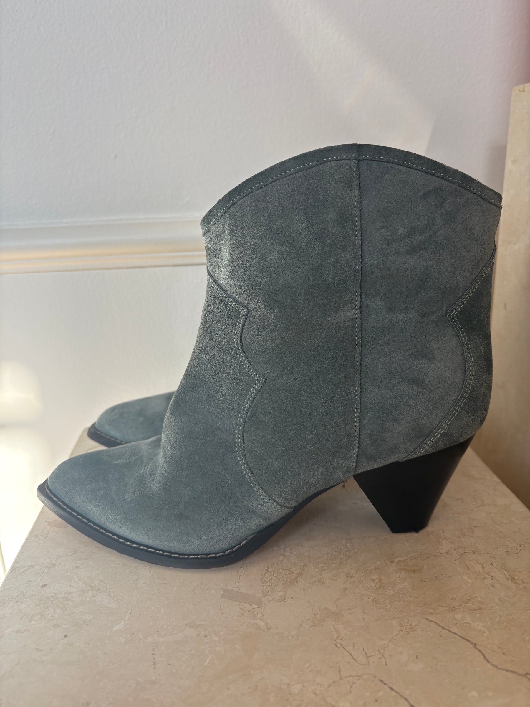 Isabel Marant Steel Blue Suede Western Ankle Boot, 40