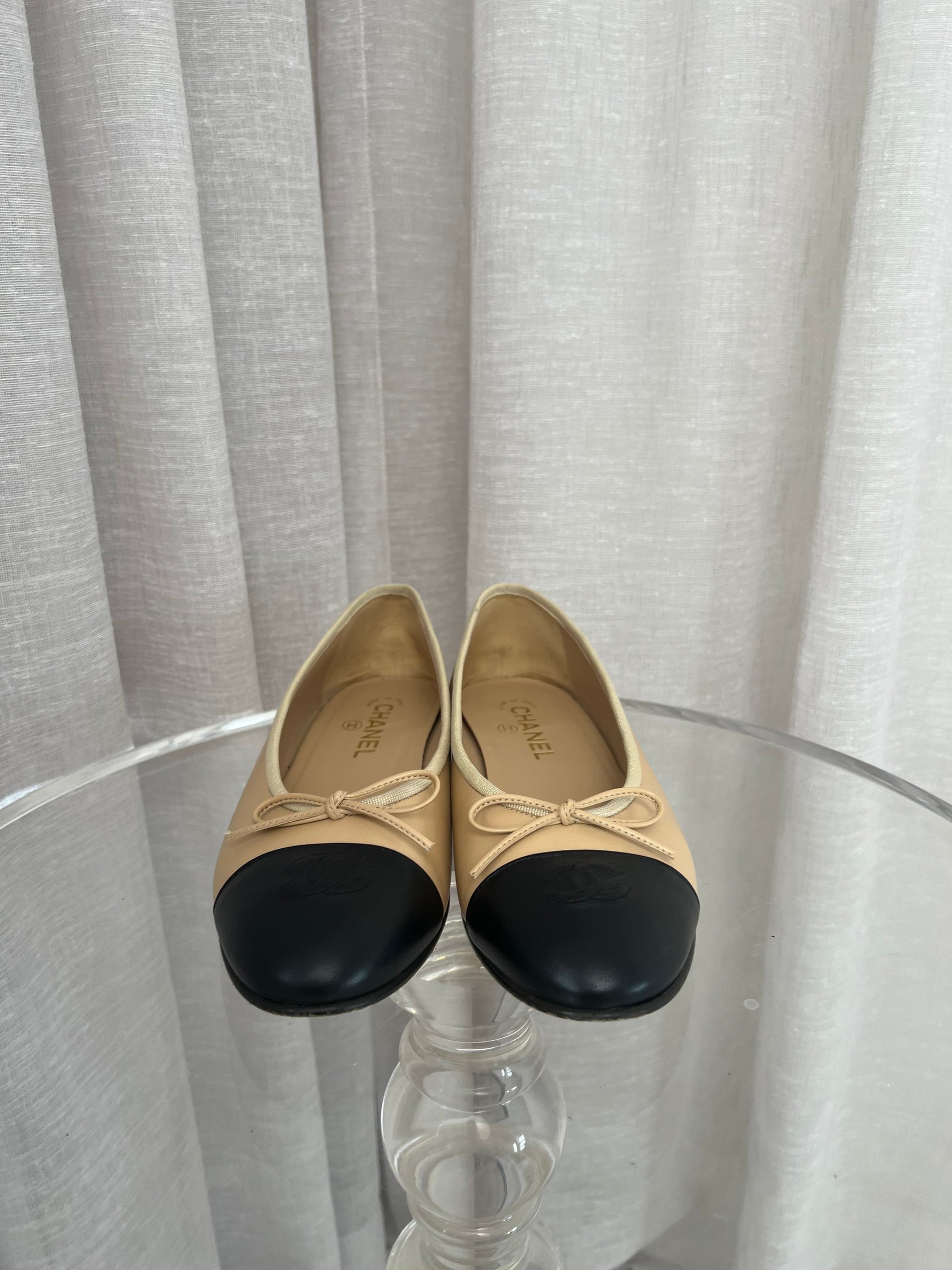 Chanel Beige and Black Ballet Flats, 40.5