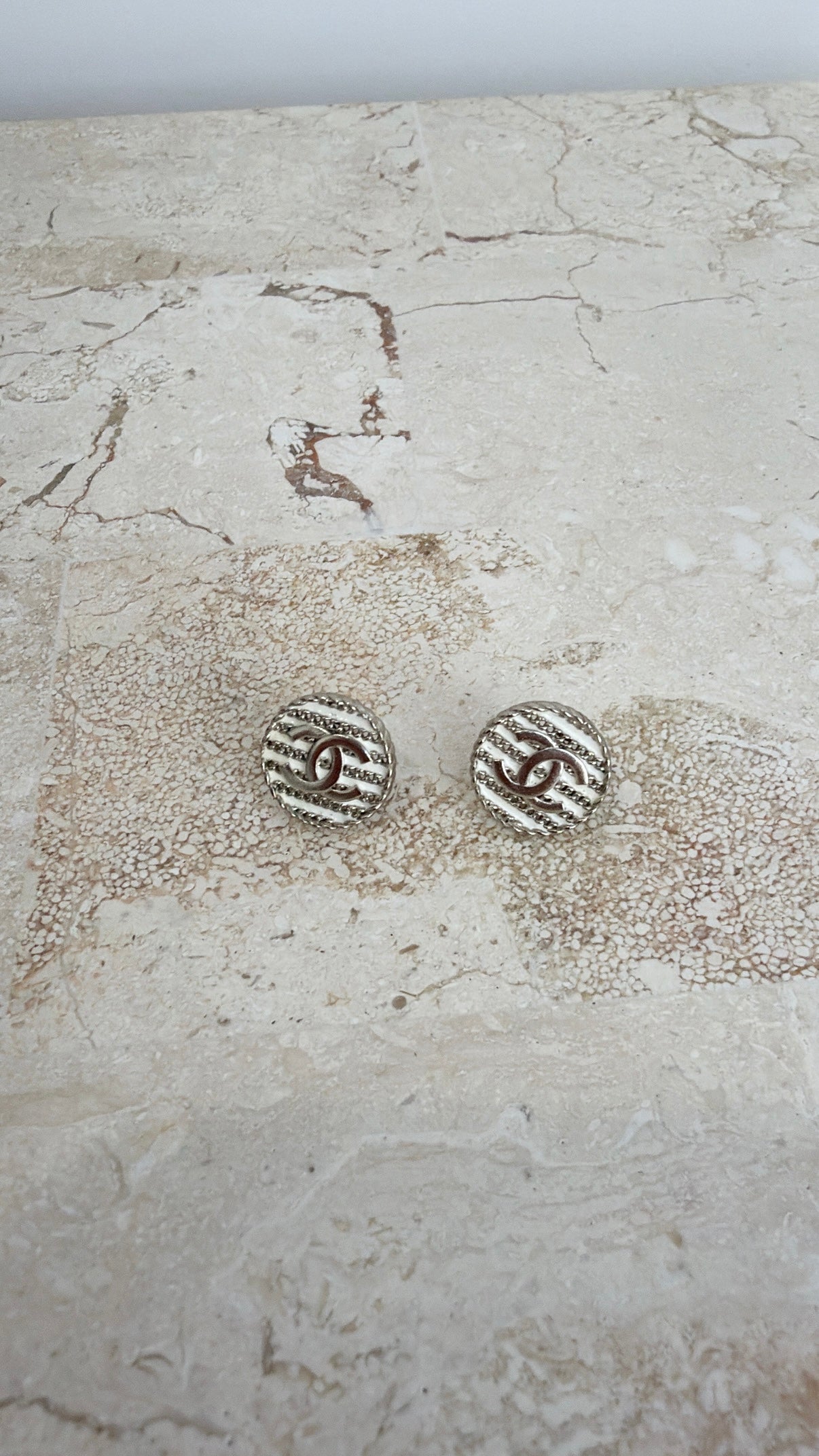 Chanel White and Silver Circle Logo Stud Earrings