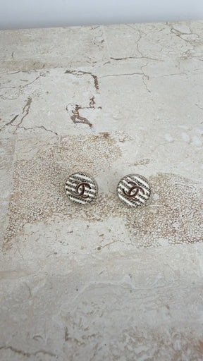 Chanel White and Silver Circle Logo Stud Earrings