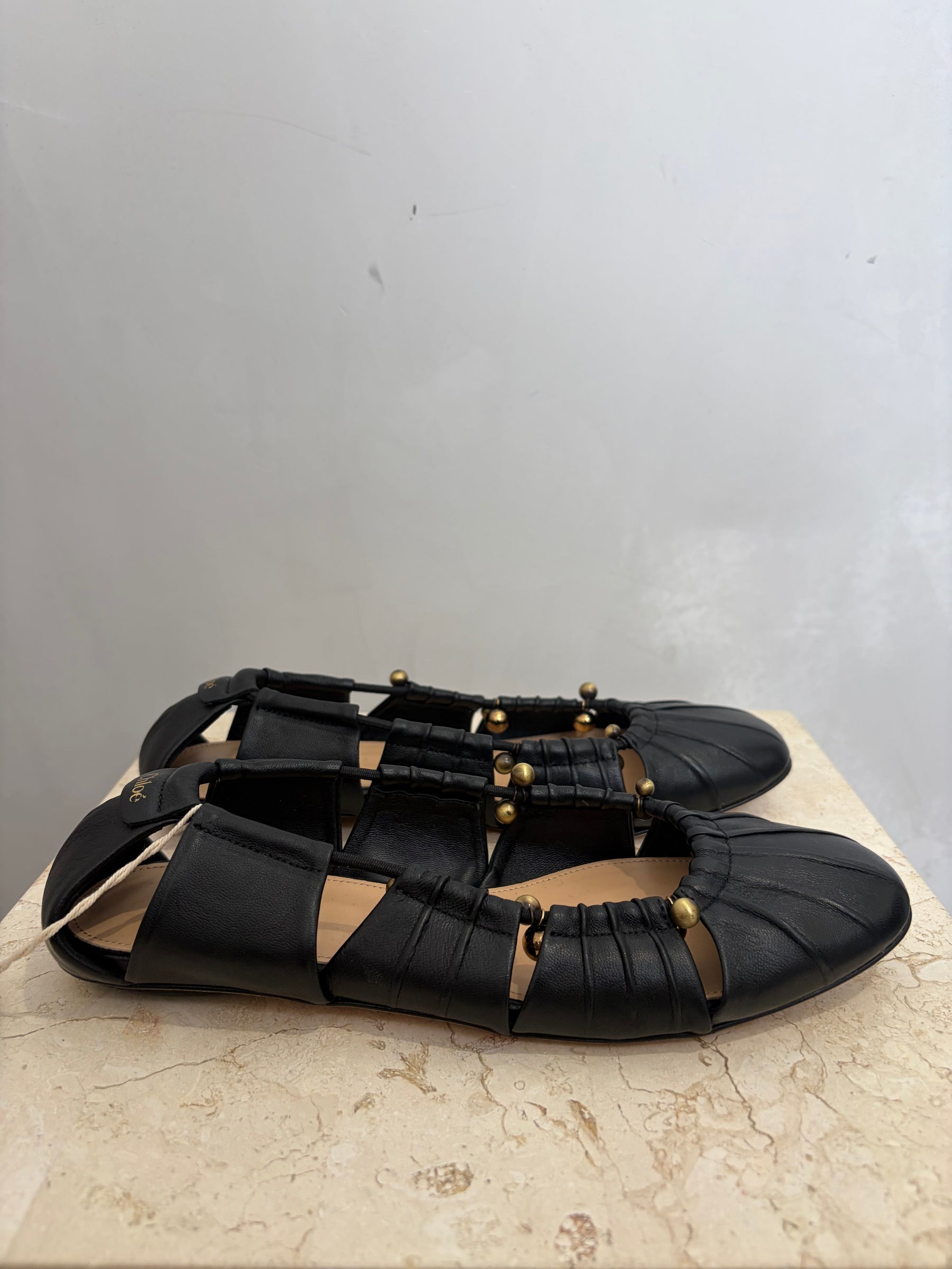 Chloé Black Leather Beaded Cut Out Ballet Flats, 37