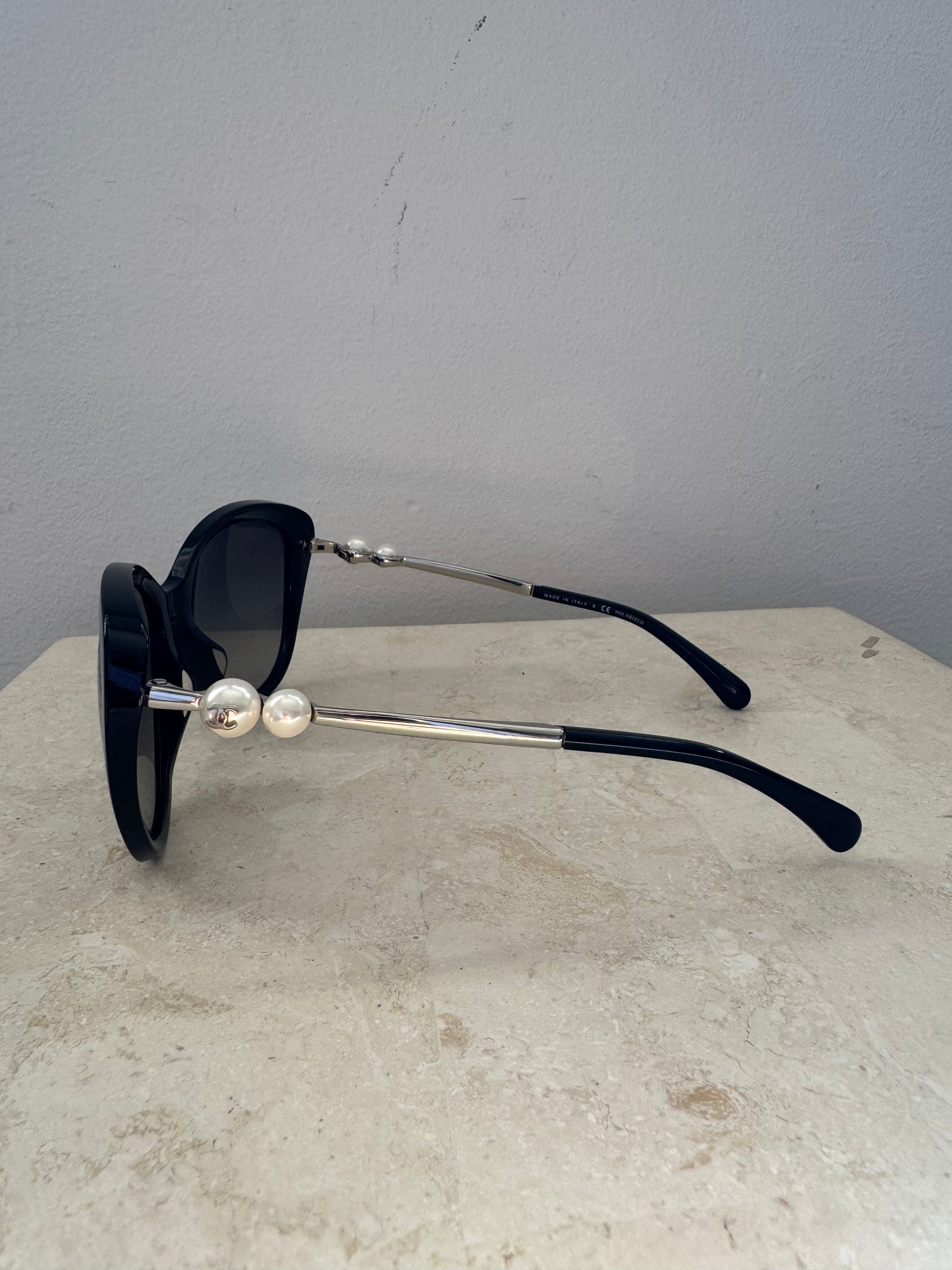 Chanel Black Oversized Pearl Arm Sunglasses