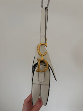 Dior White Grained Leather Saddle Bag with Strap