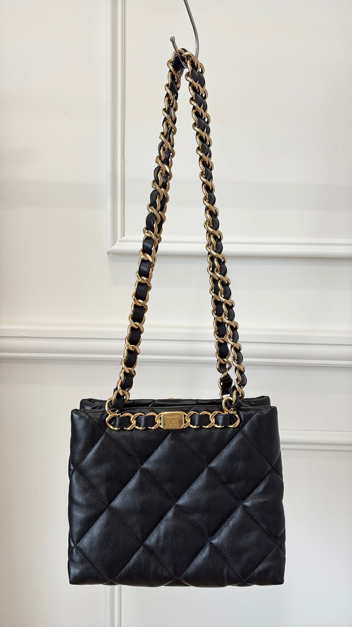 Chanel Black Lambskin Quilted Leather Chain Tote