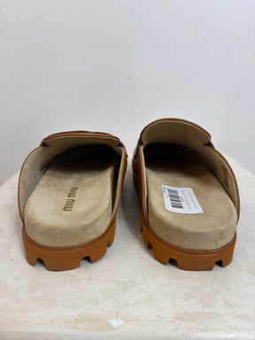 Miu Miu Logo Leather Mules In Cognac, 39.5