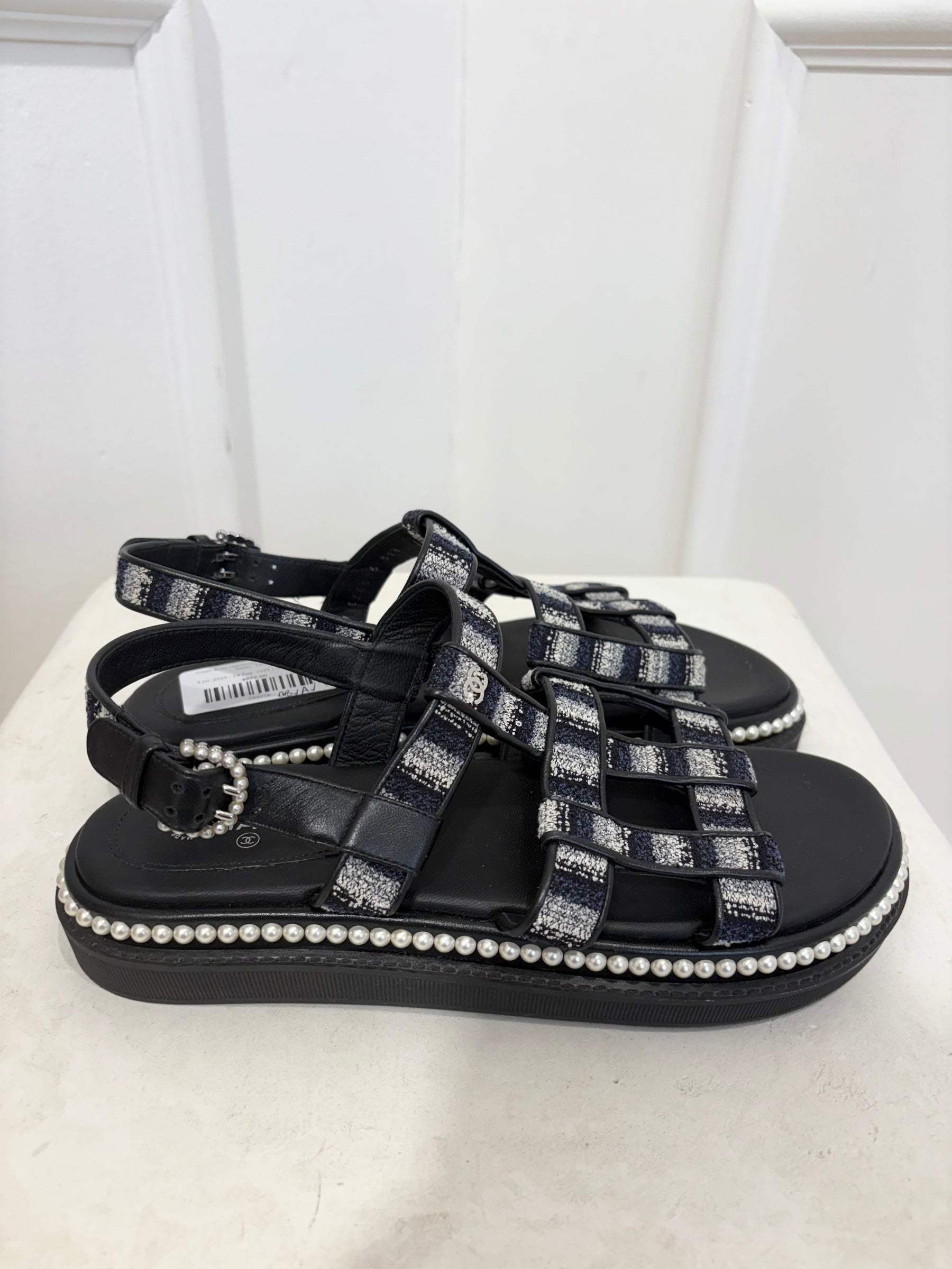 Chanel Black Leather and Tweed Pearl Detail Sandal, 39.5