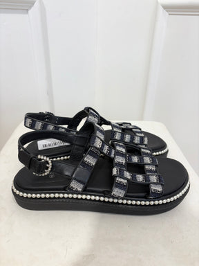 Chanel Black Leather and Tweed Pearl Detail Sandal, 39.5