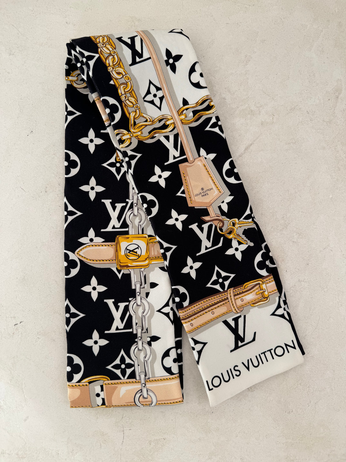 Louis Vuitton Black and White Mongoram Chain Print Bandeau Silk Scarf