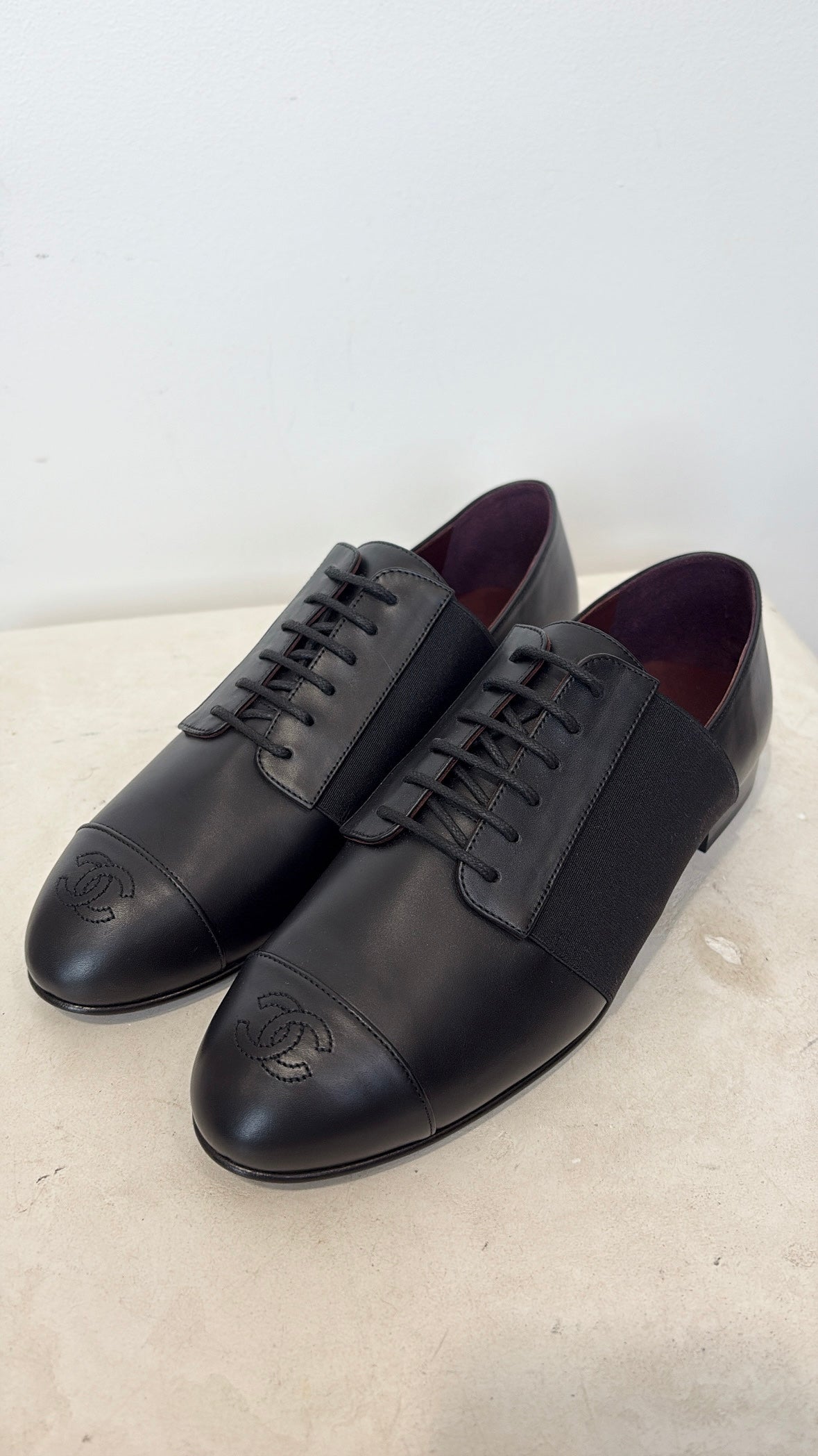 Chanel Black Leather Laced Slip on Flats, 37 C