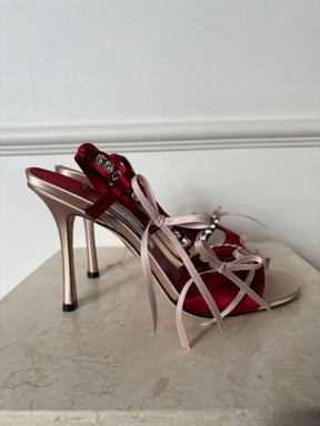 Jimmy Choo Red and Pale Pink Satin Crystal Bow Ankle Strap Heels, 39