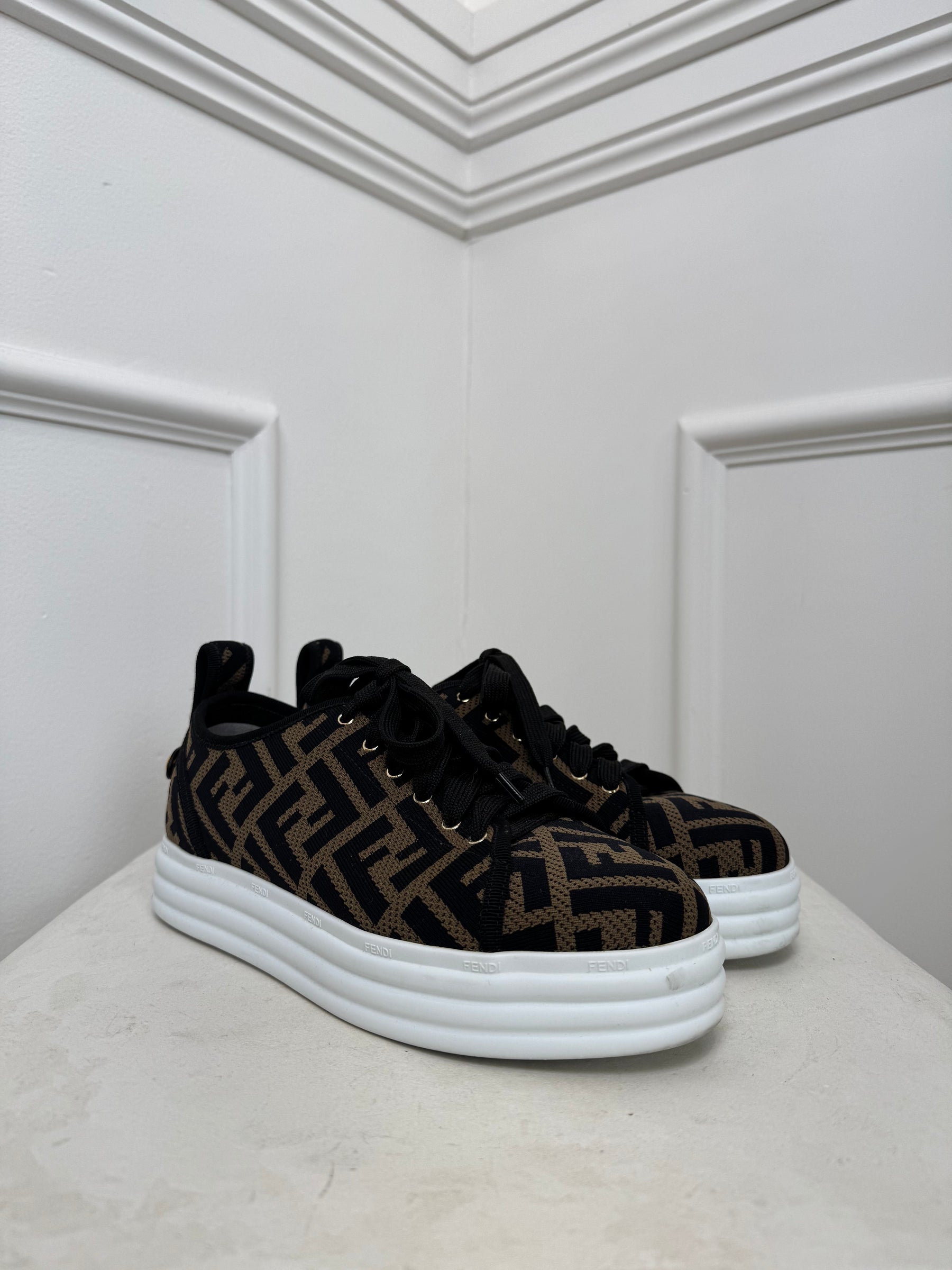 Fendi Black and Brown FF Logo Knit Sneakers, 38