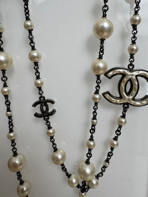 Chanel Pearl and Ruthenium Logo Necklace