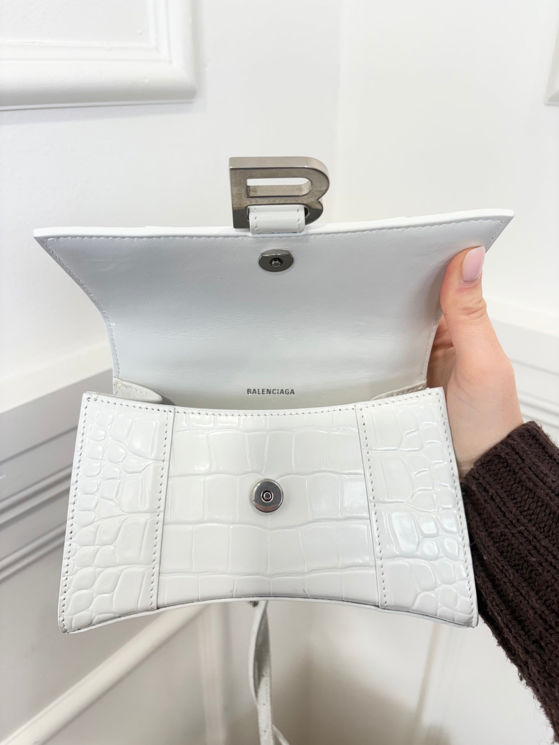 Balenciaga White Croc Embossed Hourglass Bag, XS