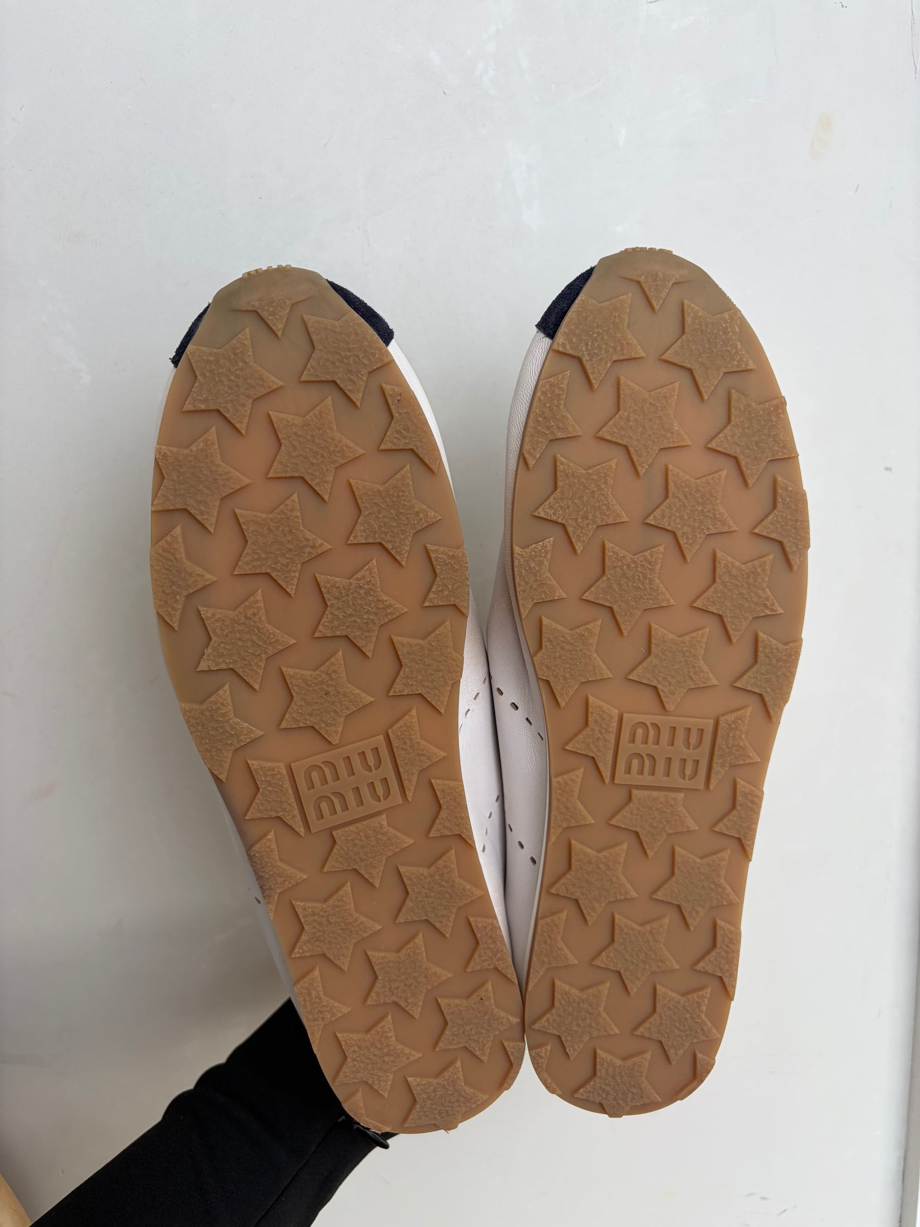 Miu Miu Plume Sneaker White and Navy With Distressing, 40