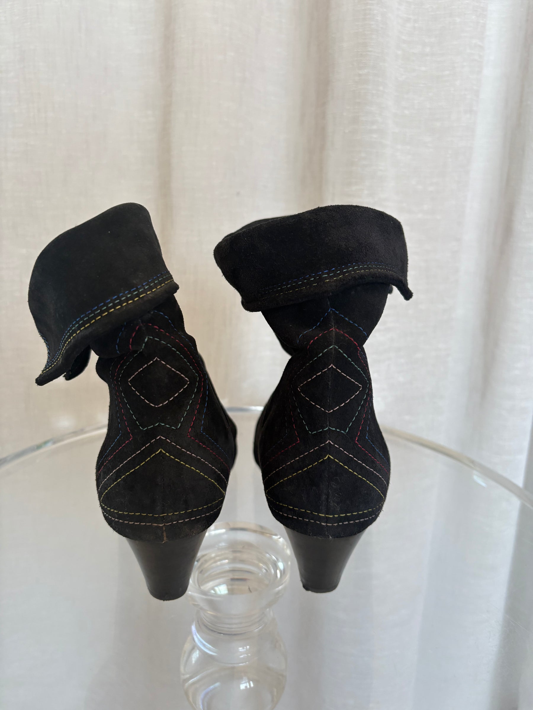 Isabel Marant Black Suede Multi Topstitch Heeled Ankle Boot, 40