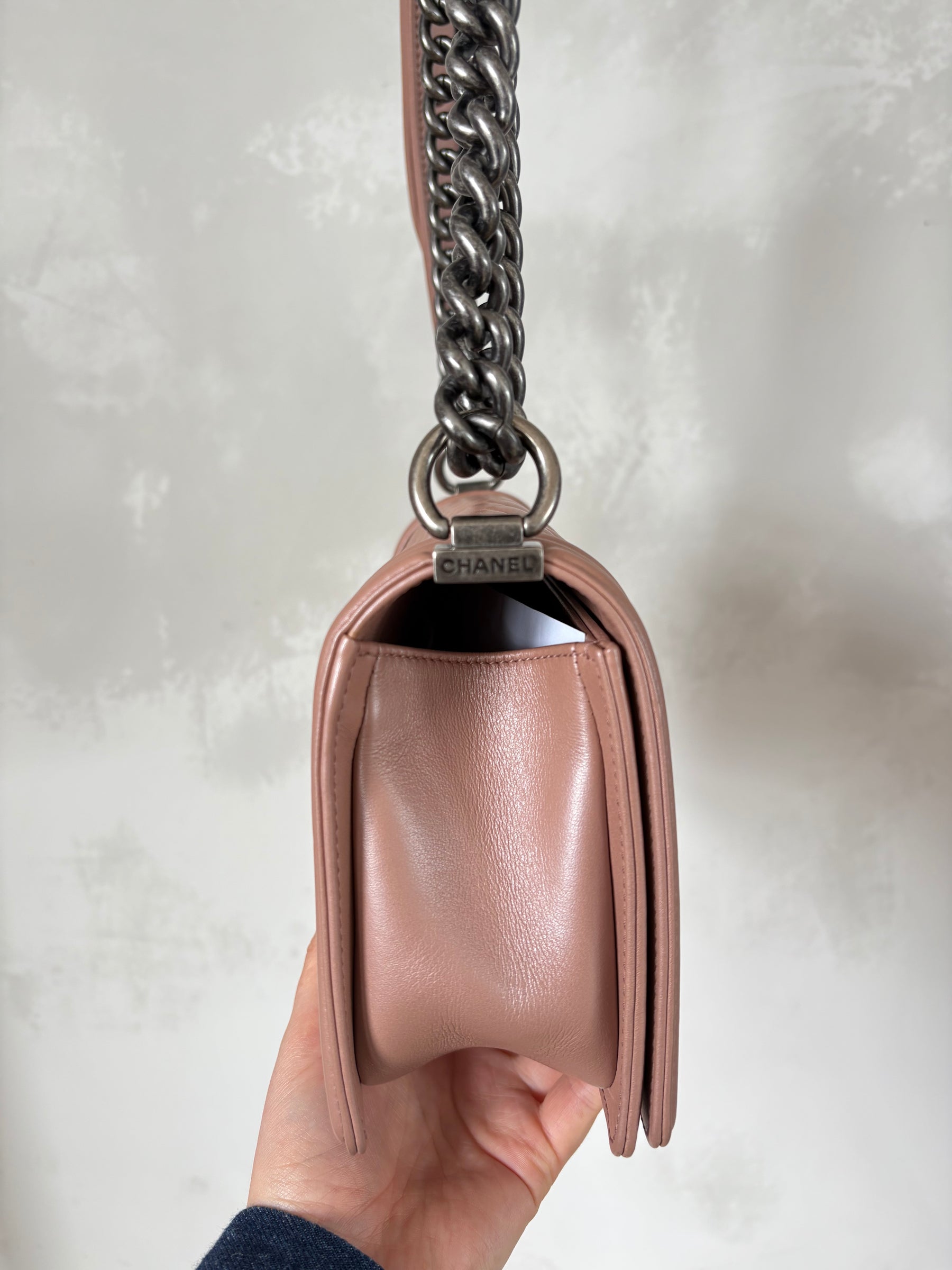 Chanel Rose Lambskin Leather Medium Boy Bag with Ruthenium Hardware