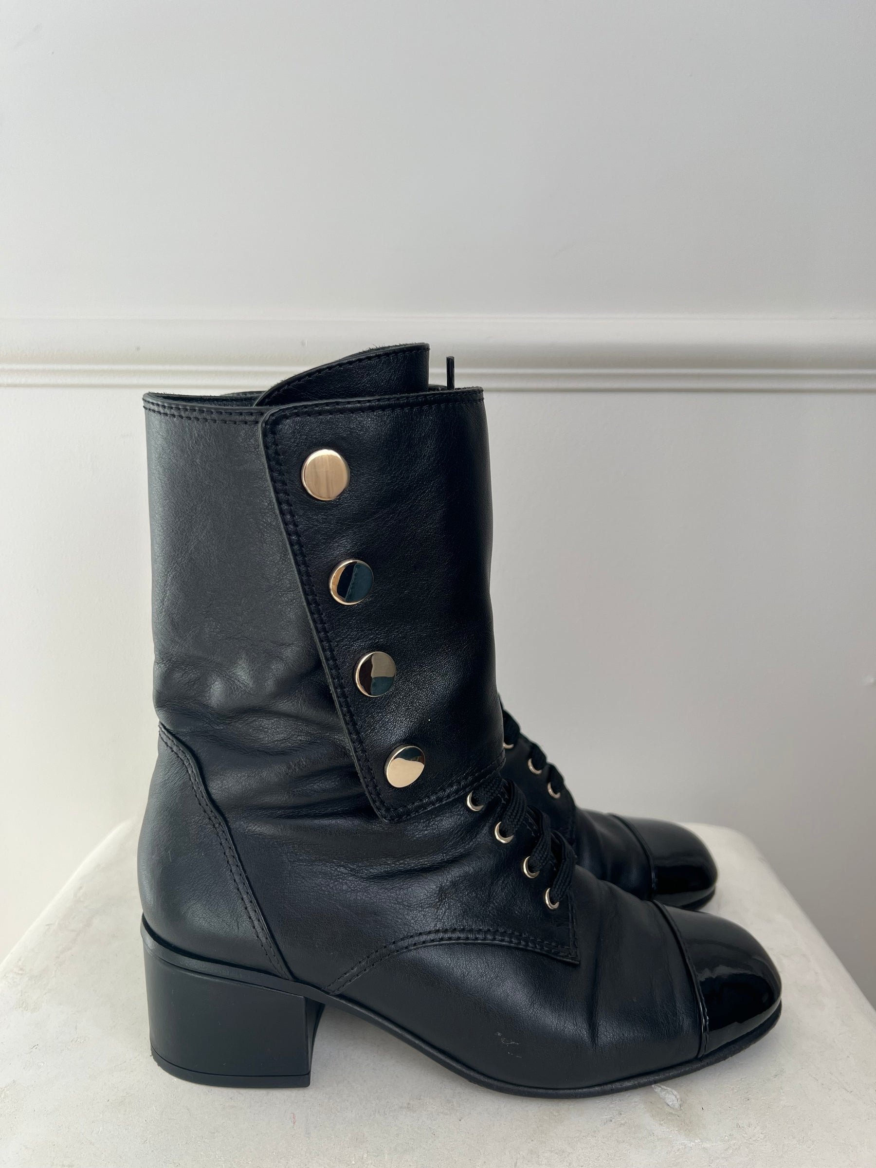Chanel Black Leather Logo Press Stud Ankle Boots, 39.5