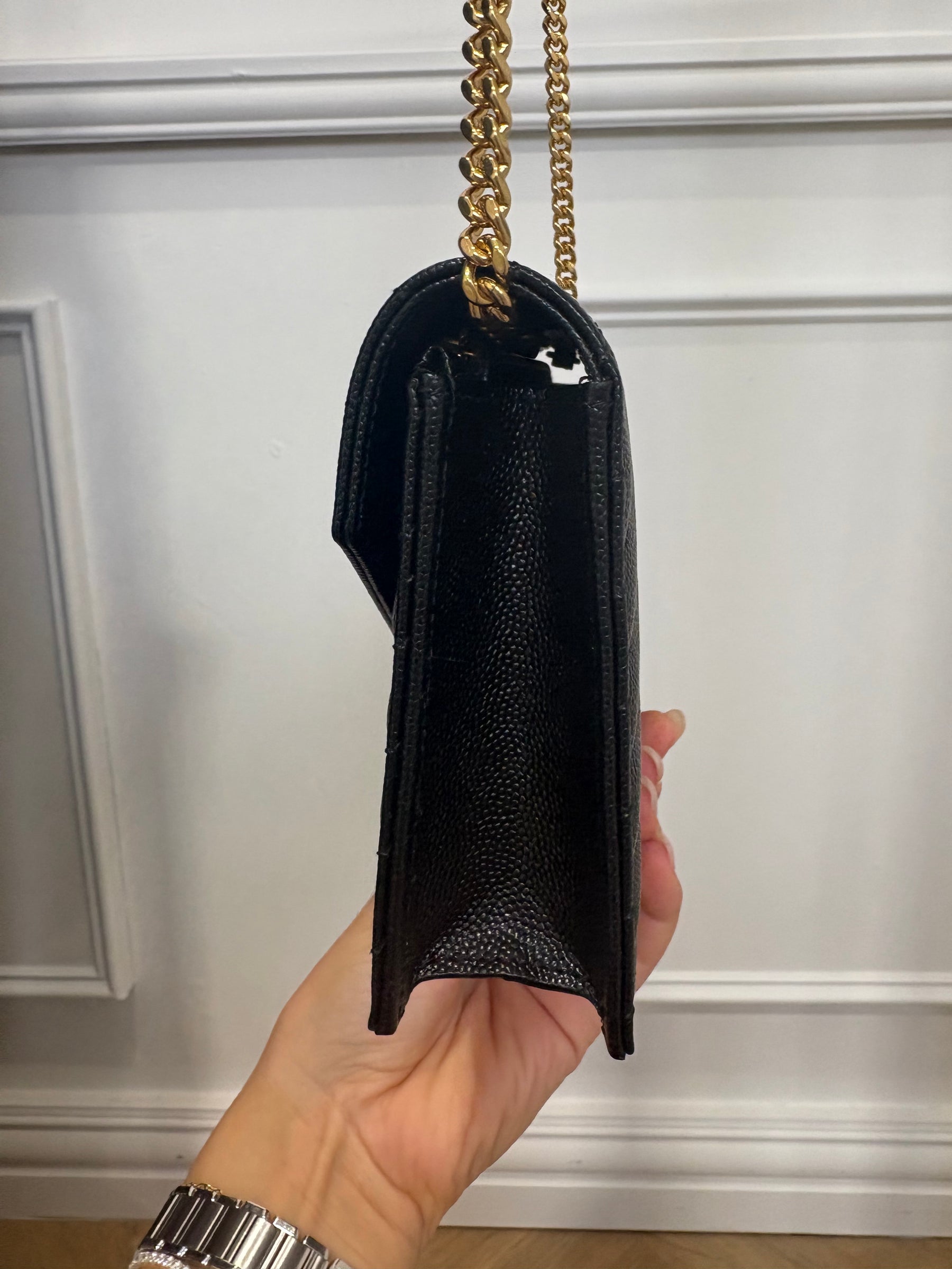 Saint Laurent Black Chevron Quilted Envelope Chain Wallet