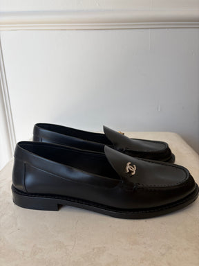 Chanel Black Leather Crystal Logo Loafer, 36.5C