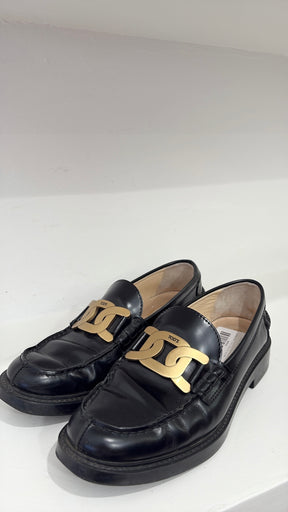 Tod's Black Leather Logo Loafers, 37.5